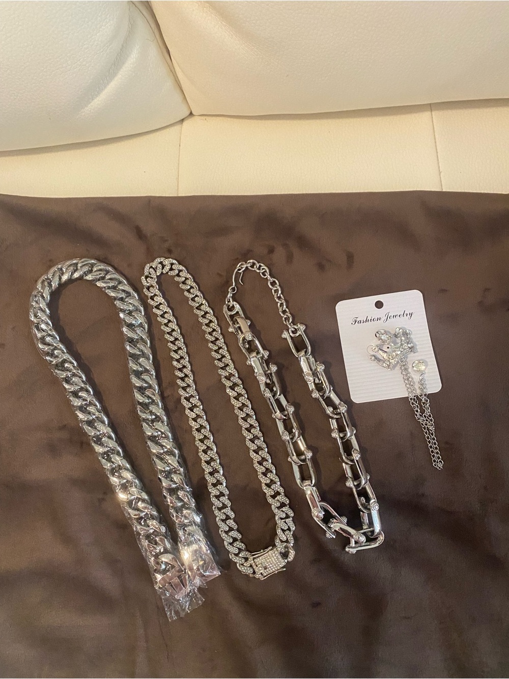 4 Peice Jewelry Set, 3 Silver Chunky Chain Necklaces and 1 Tie Clip Set